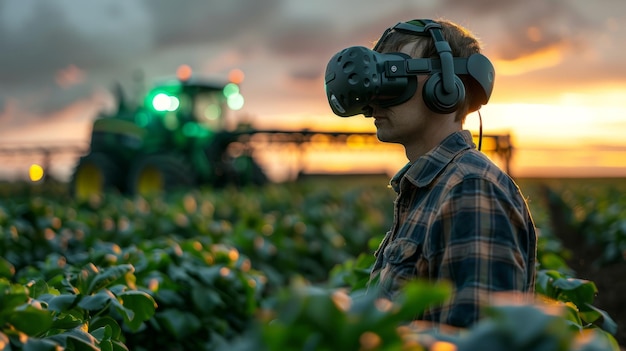 Foto agricoltore che utilizza la tecnologia della realtà virtuale nel campo agricolo al tramonto esplorando l'agricoltura di precisione e le pratiche agricole moderne il concetto di tecnologia di innovazione e agricoltura sostenibile