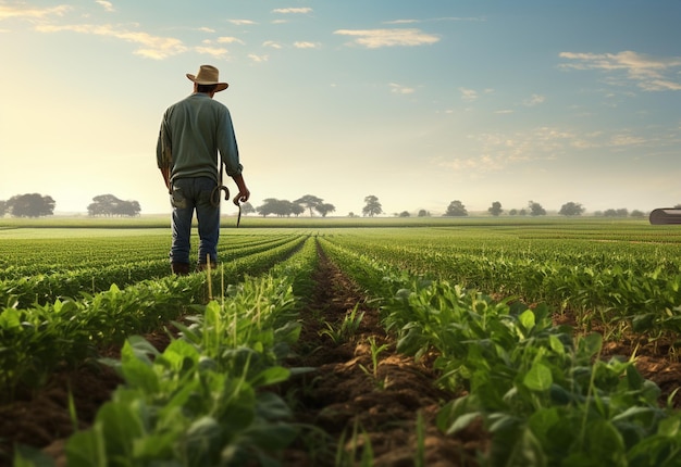 a farmer walks through a field of corn.