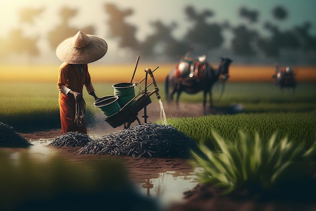 Farmer watering his plants Neural network AI generated