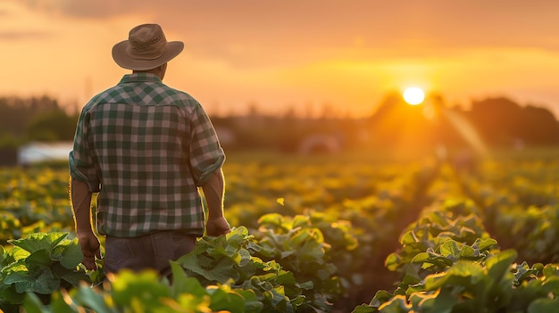 A farmer wearing a hat and casual clothes is standing in a lush green field of young plants looking out at the sunset