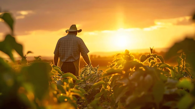 A farmer wearing a hat is walking through a field of tall grass at sunset The sun is casting long shadows over the field