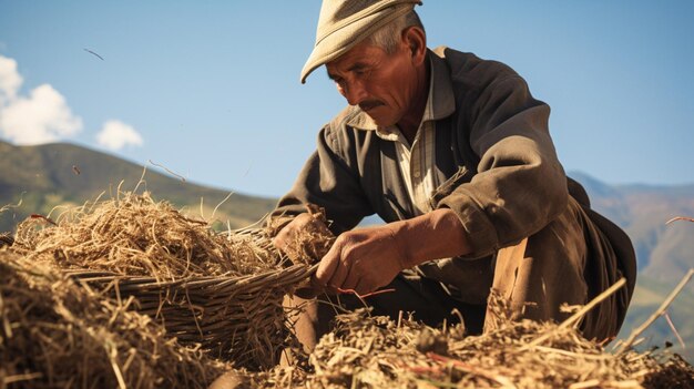 A farmer weaving organic wool holding a basket of harvest