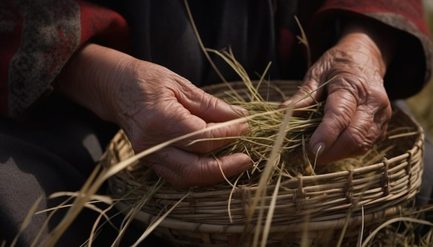 A farmer weaving organic wool holding a basket of harvested crops generated by artificial intelligence