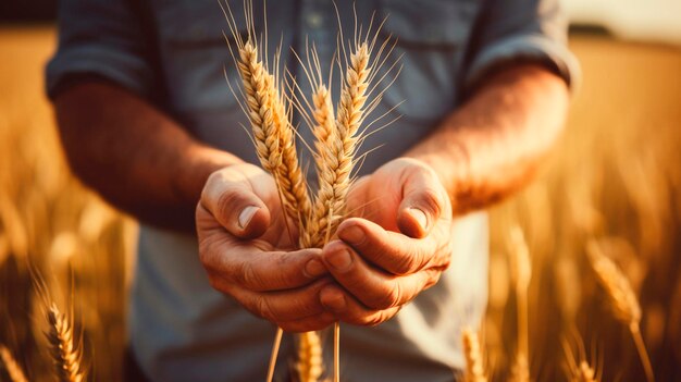 Фермер на пшеничном поле держит усы пшеницы Генеративный ИИ Природа
