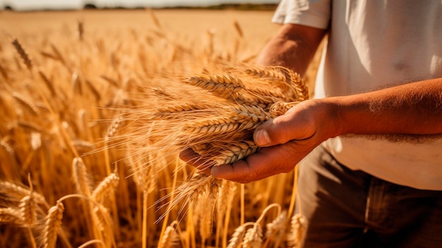 A farmer in a wheat field holds ears of wheat Generative AI Nature