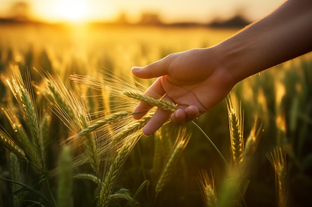 夕暮れの小麦畑の農夫 男性の手が小麦の刺を触っている cropped 画像
