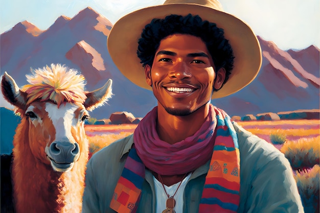 farmer with alpacas, oil painting