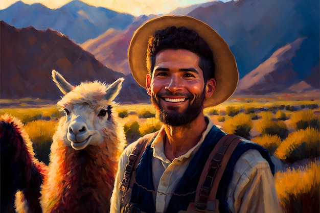 farmer with alpacas, oil painting