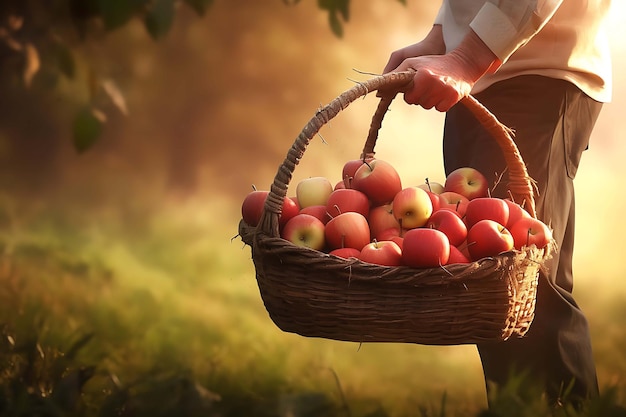 Photo a farmer with a basket of freshly picked apples