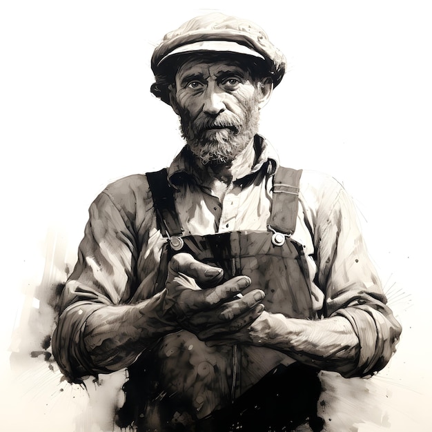 A farmer with calloused hands Ink illustration