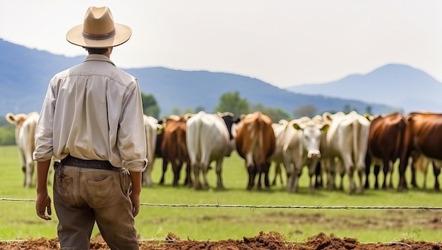 Farmer with cows on the farm in the countryside