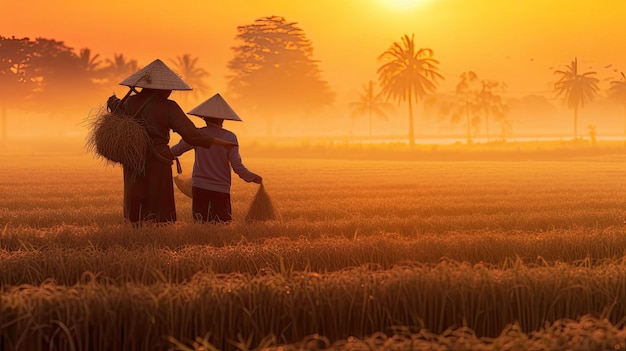 farmer with daughter harvesting rice on a field at sunrise