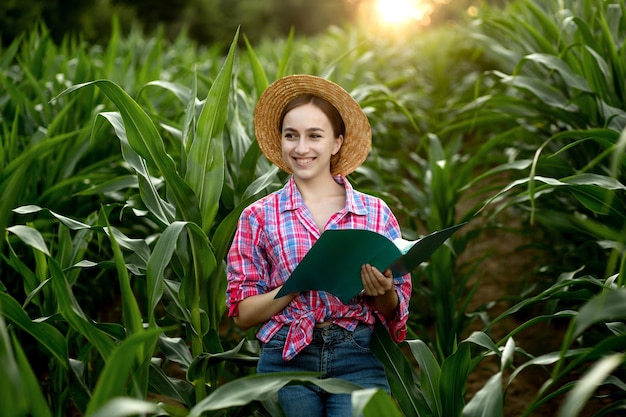 Farmer with a folder stands in a corn field and checks the growth of vegetables. Agriculture - food production, harvest concept.