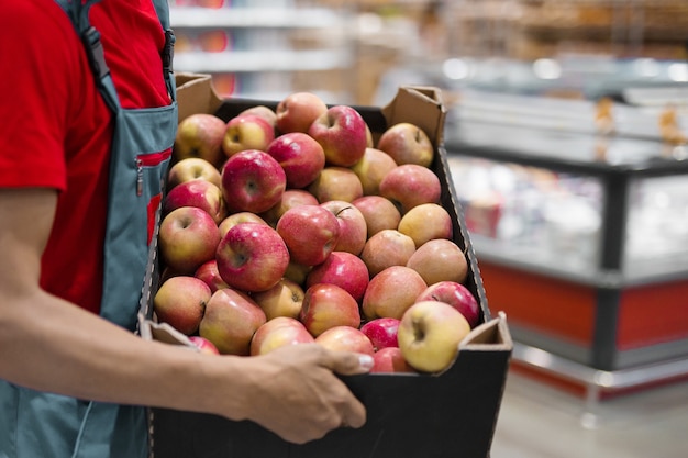 Farmer with freshly harvested apples in cardboard box. Agriculture and gardening concept.