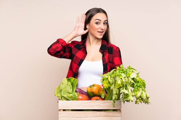 Farmer with freshly picked vegetables in a box on beige wall listening something