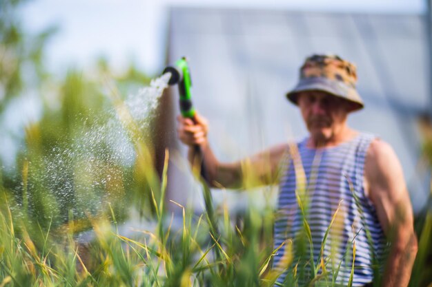 ガーデンホースと銃のノズルを使った農夫が夏に野菜の植物に水を注ぐ ガーデニングコンセプト 床の列で育つ農業植物