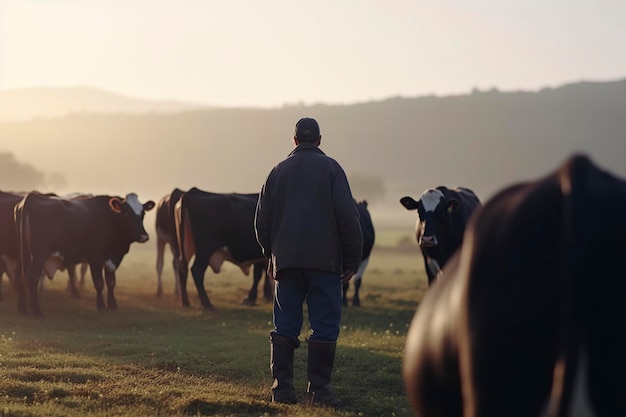 Photo farmer with his cows in a grassy field