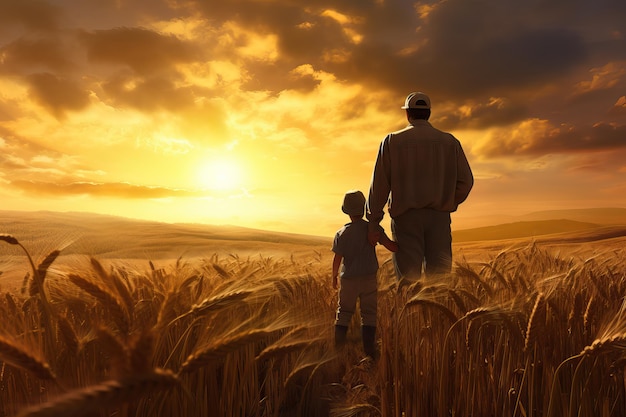 밀밭에서 아들과 함께 카메라에서 멀리 걸어가는 농부