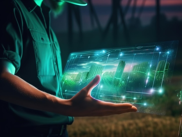 farmer with hologram farm field digital farming concept ai generated