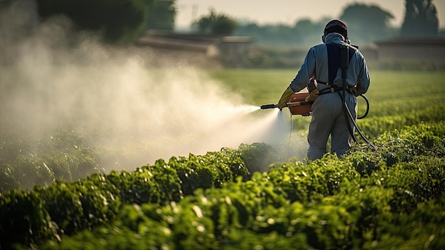 Photo farmer with a mist sprayer blower processes the potato plantation from pests and fungus infection