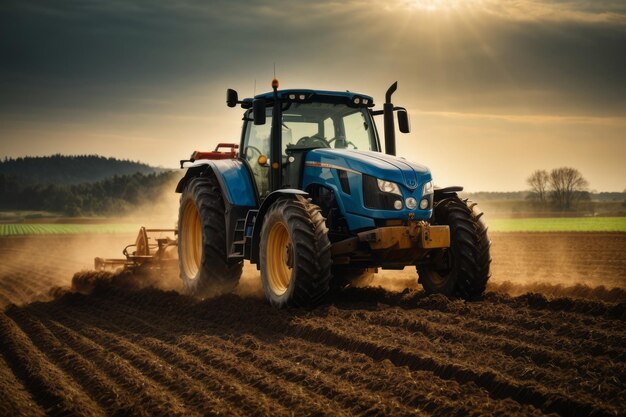 Foto agricoltore con trattore che prepara il terreno per la piantagione di piante agricoltura agricoltura e concetto di raccolta