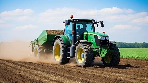 Фермер с трактором готовит землю с помощью семенного культиватора весной