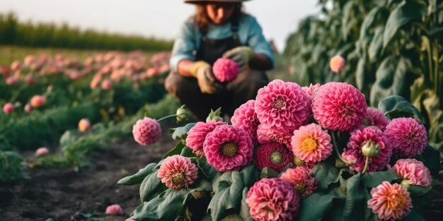 農家の女性が畑から成長した花を集める庭師フラワービジネス