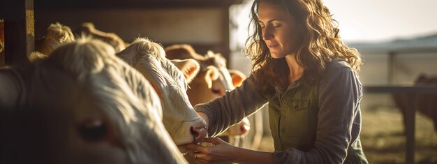 Photo farmer woman feeding cows on the farm