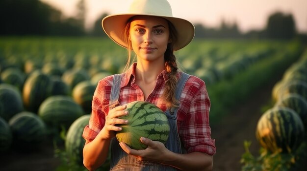 Premium Ai Image Farmer Woman Grows Watermelons Premium Ai Image Farmer Woman Grows Watermelons