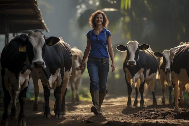 farmer woman pasthuring cows in her farm bokeh style background