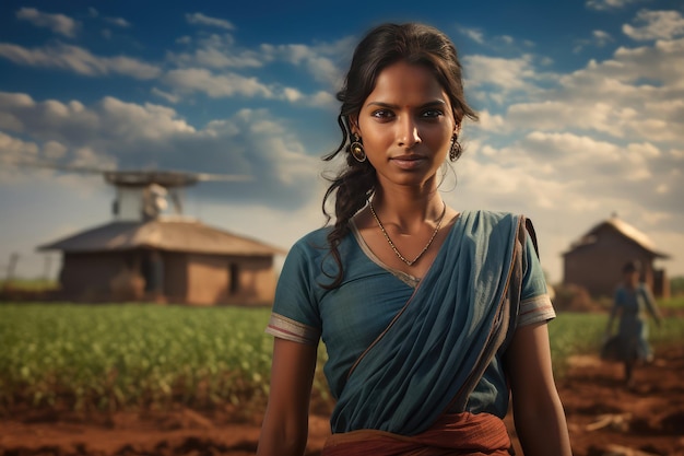 Farmer worker Indian woman standing in front of blurred farm