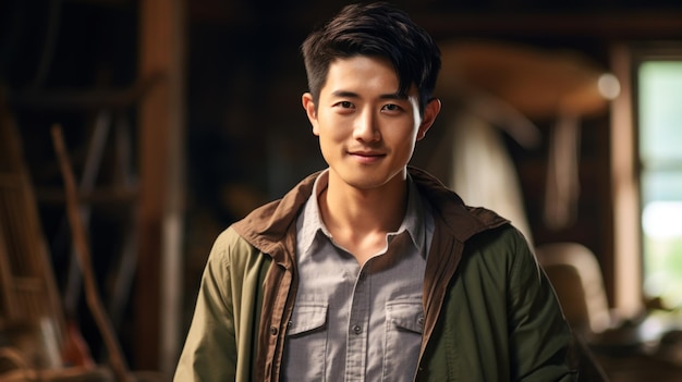 Photo farmer worker young asian man standing in front of blurred local farm