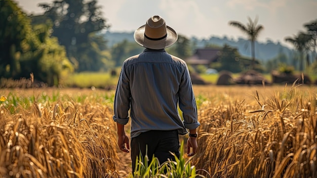 фермер работает на рисовом поле
