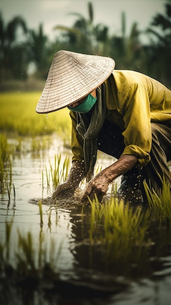 A farmer working in a rice field