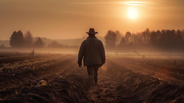 Фермер, работающий на своем поле, с созданным искусственным интеллектом красивым солнцем