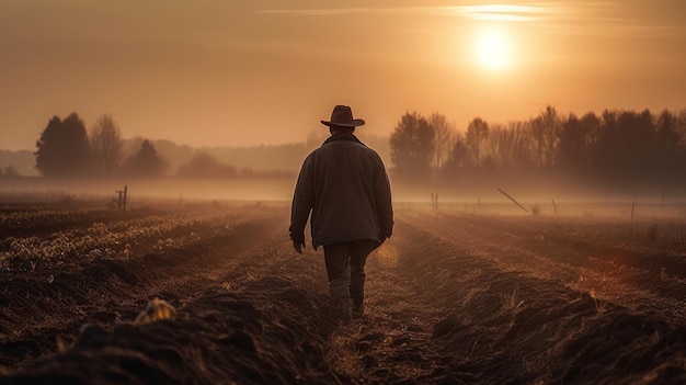 A farmer working in their field with a beautiful sun AI generated