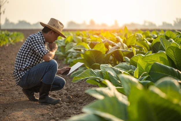 Agricoltore che lavora nel campo del tabacco l'uomo sta esaminando e utilizzando la tavoletta digitale per la pianificazione della gestione o l'analisi sulla pianta del tabacco dopo aver piantato tecnologia per il concetto di agricoltura