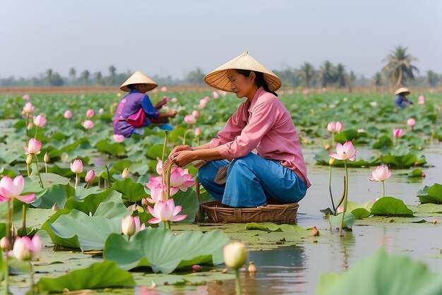 Farmers are collecting lotus in garden lifestyle is thai people in local thailand