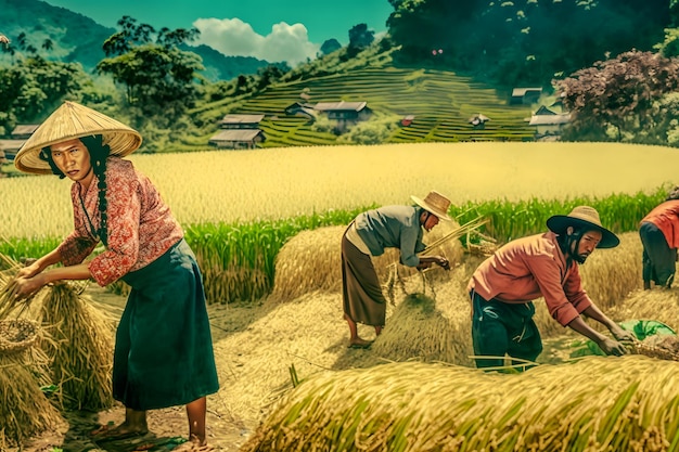 写真 農家が田植えをしている 農家が腰をかがめて米を育てている アジアの農業 人を使った栽培 aiが生成したニューラルネットワーク