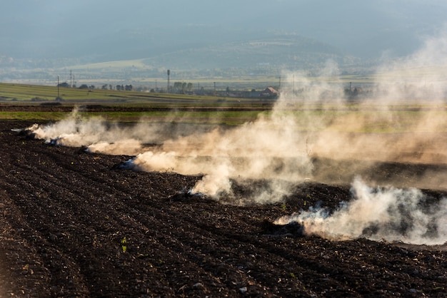 写真 農民は、地球温暖化のもう一つの原因である秋の畑で乾いた草やわらの無精ひげを燃やします。