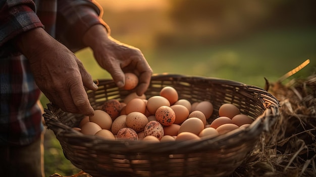 写真 農家は朝、農場から新鮮な卵を集めますが、顔はクローズアップされていません