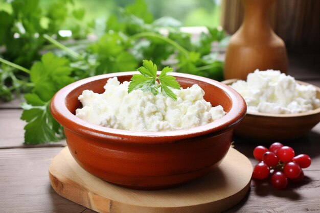 Farmers cottage cheese in a traditional clay bowl