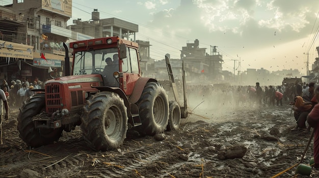 사진 농부들은 도시 풍경에 대한 농업 생계의 충돌을 강조하는 파업 중에 현대적인 트랙터와 함께 도시에서 모입니다.