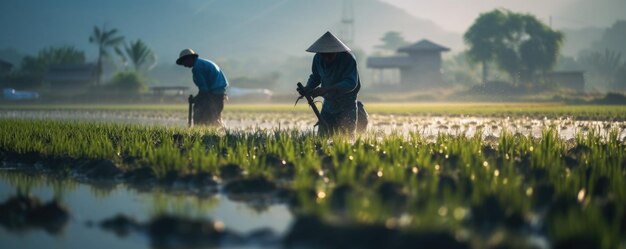 Photo farmers grow rice in the rainy season indonesia generative ai