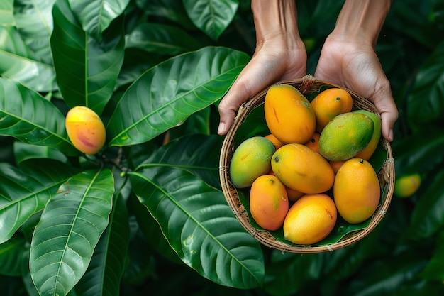 Farmers hand holding mango fruit in a wooden basket against a backdrop of tropical green mango leafs Generative AI