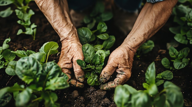 Foto un contadino trapianta con cura una giovane pianta di spinaci nel ricco terreno scuro