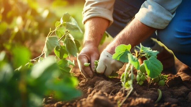 Farmers hands harvest crop of bean in the garden Plantation work Autumn harvest a Generative AI