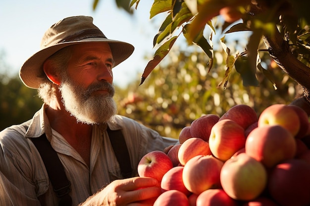熟したリンゴを握っている農家の手