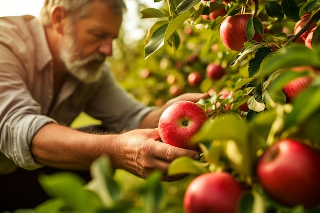 A farmers hands holding a handful of ripe apples