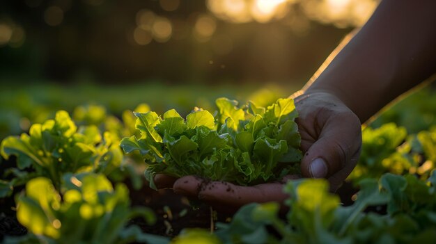 A farmers hands picking the vibrant green lettuces leaves against the backdrop of sunlit fields